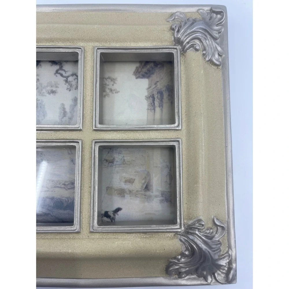 Multi Photo Frame Ornate Scrollwork‎ Cream Silver Tabletop Display 1.5x1.5